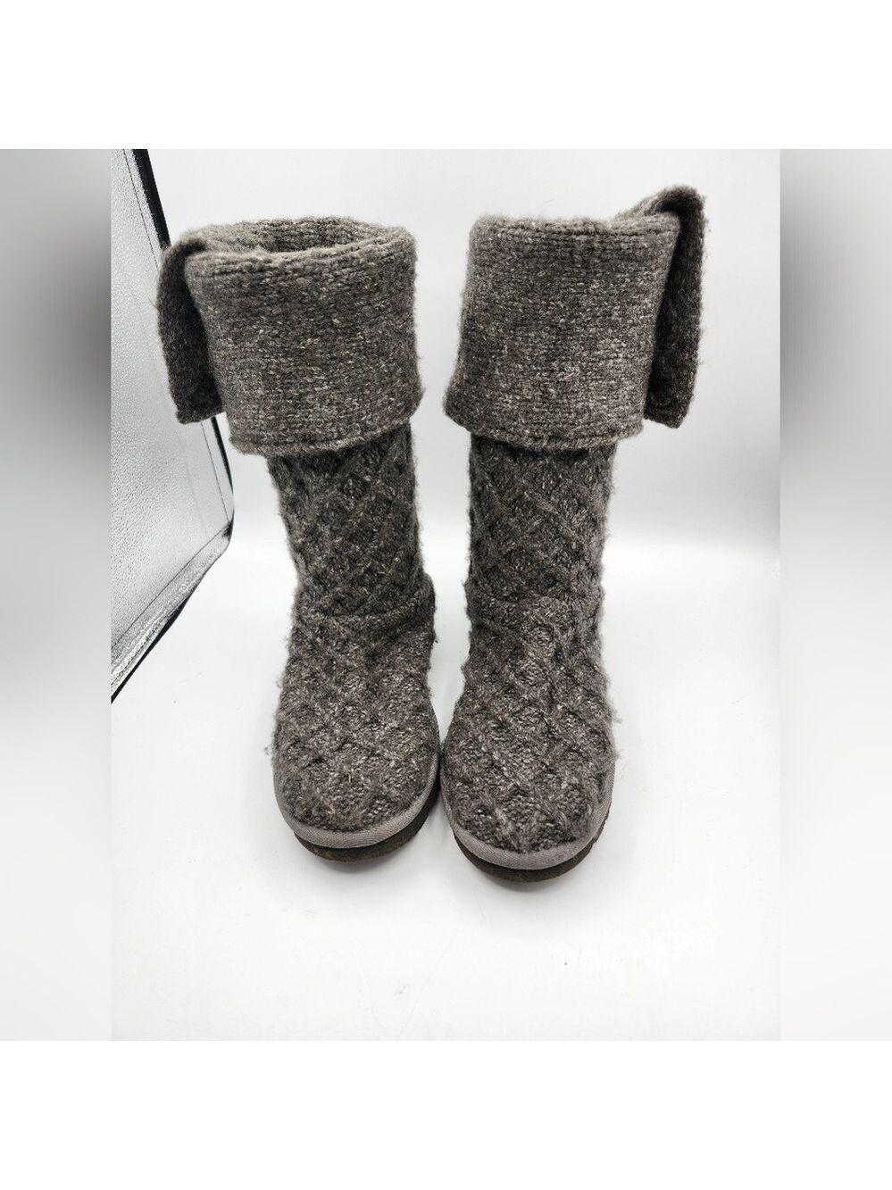 UGG Textured Knit Fold-Over Boots - Gray Sz 10